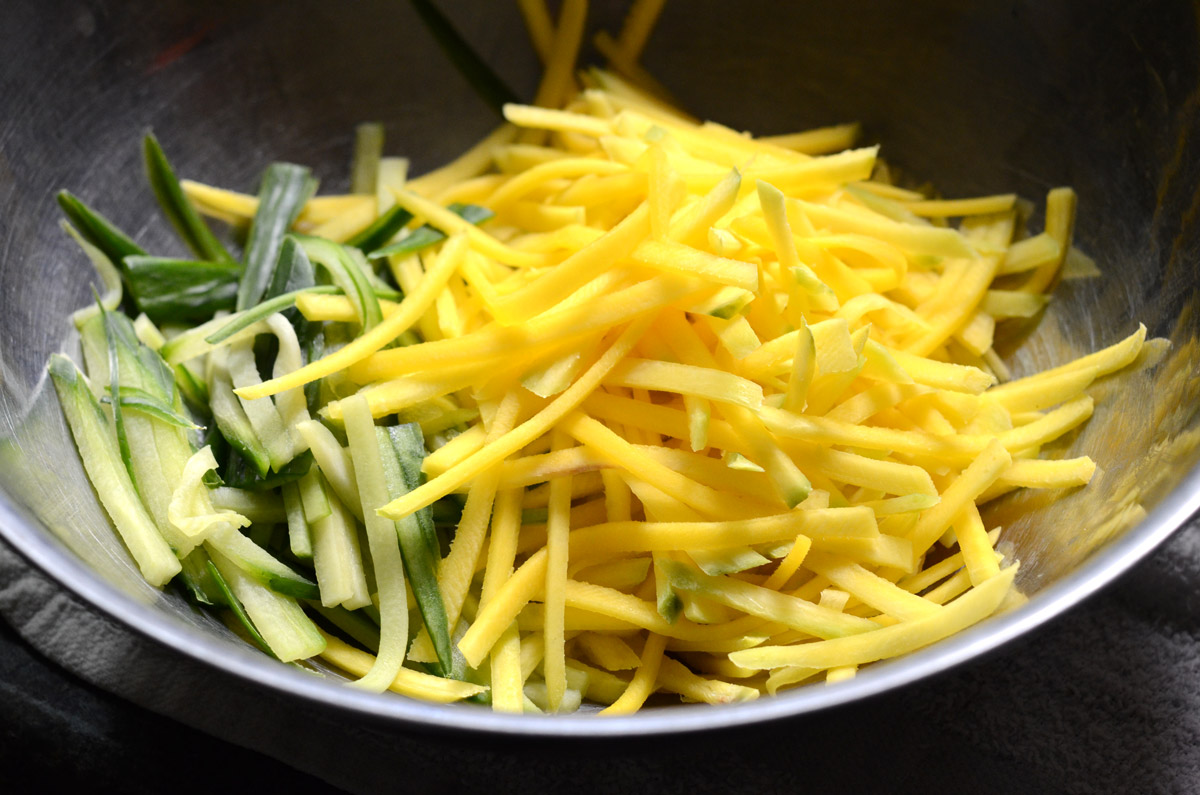 shredded / julienned cucumber and mango for salad