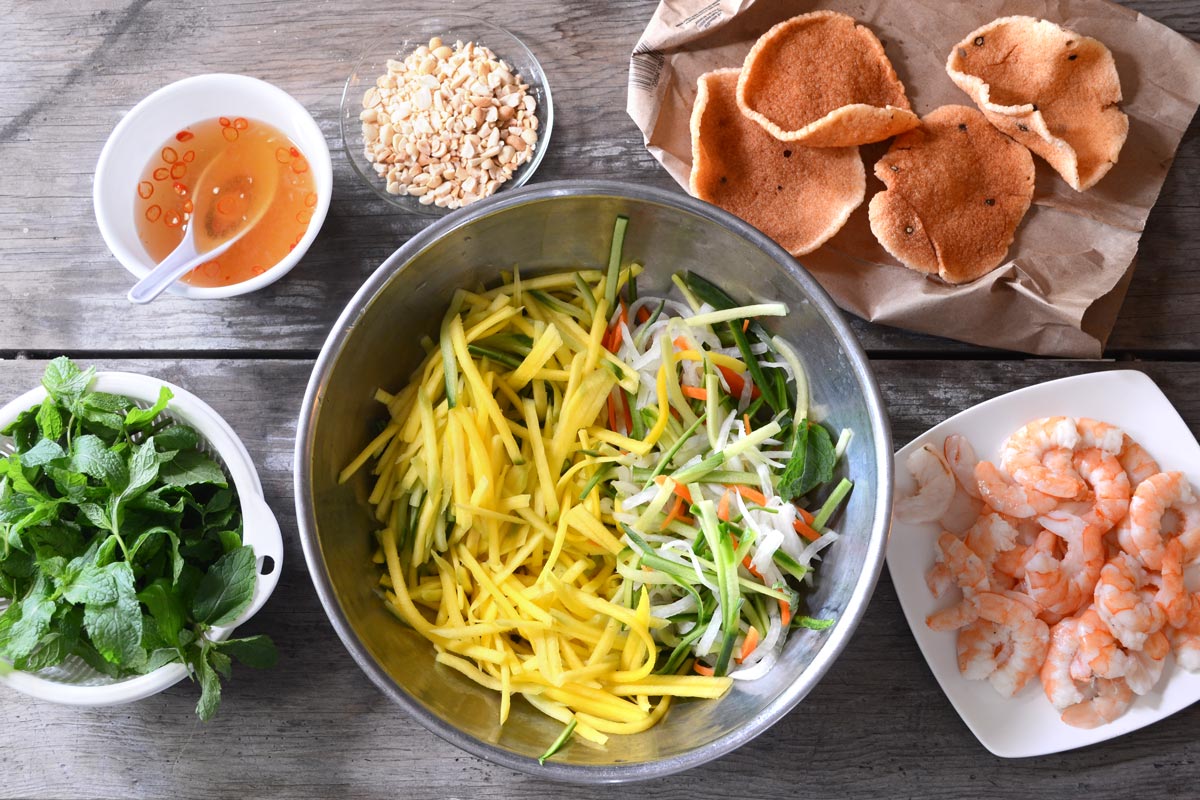 overhead view of Vietnamese mango salad ingredients
