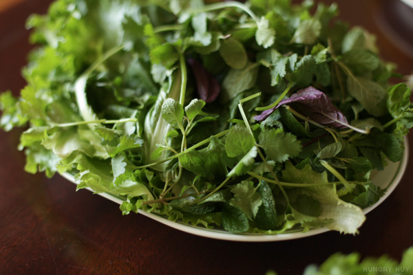 plate of veggies and herbs for banh xeo