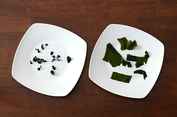 hydrating dried seawead (wakame) for miso soup