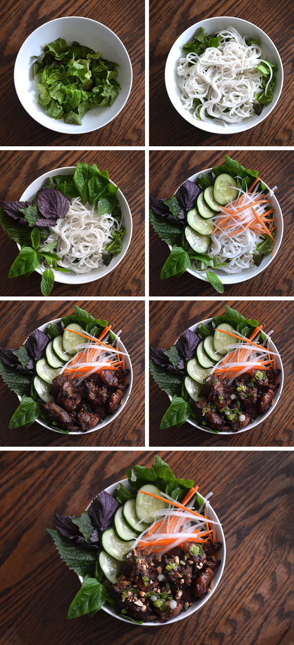 How to assemble a bowl of Vietnamese grilled pork with noodles (bun thit nuong) step by step