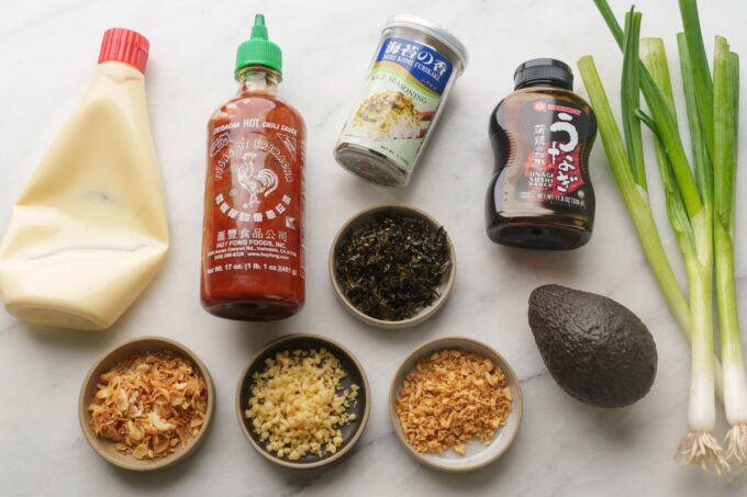 sauces, and crispy toppings for sushi bake